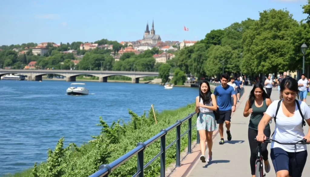 Rhine River promenade in Mainz with people walking and cycling