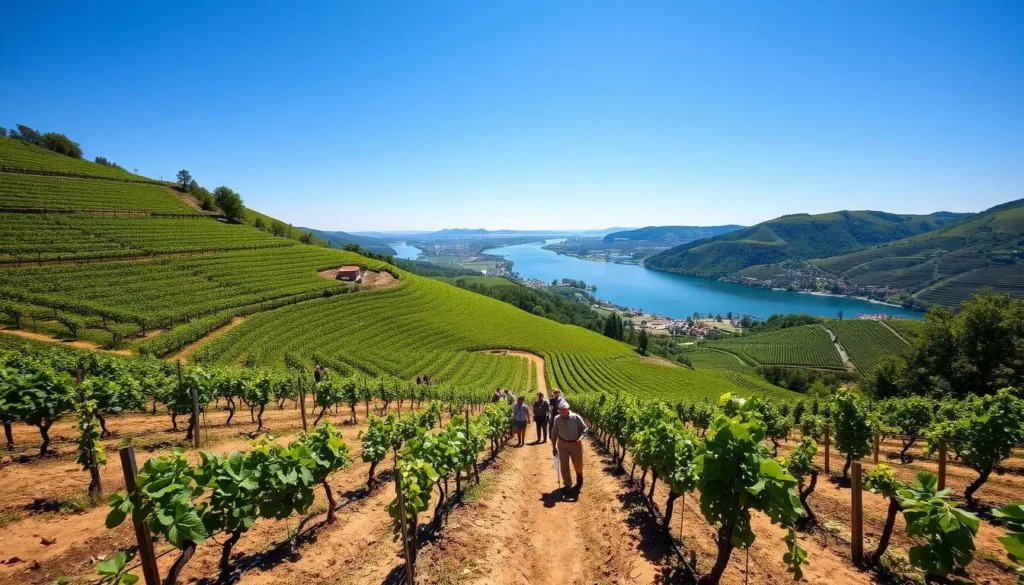 Rhine Valley vineyards near Koblenz Germany with river view
