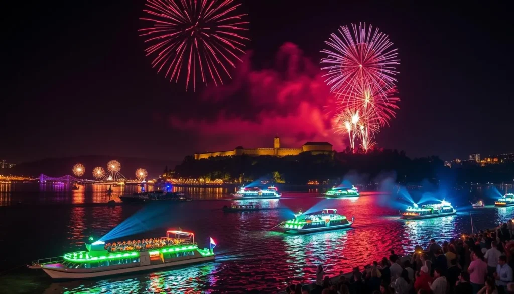 Rhine in Flames festival with illuminated boats and fireworks in Koblenz Germany