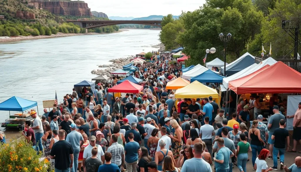 Riverfest celebration along the Animas River with diverse crowd enjoying festivities