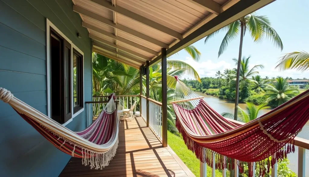 Riverside accommodation near Parika with hammocks and tropical garden
