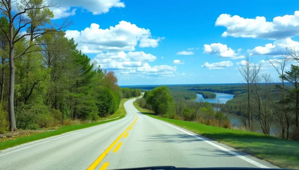 Road leading to Fort Defiance State Park Illinois with river views in the distance