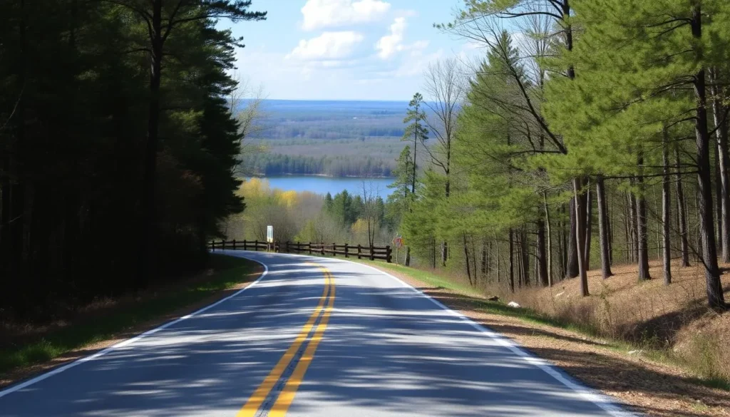 Road leading to Lake Kinkaid with directional signage visible Road leading to Lake Kinkaid with directional signage visible