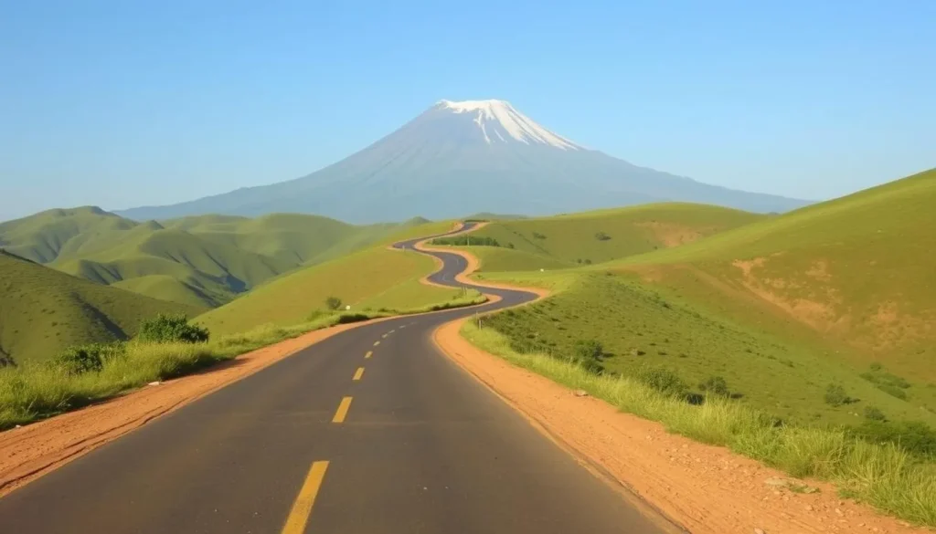 Road leading to Mount Guna Ethiopia with mountains in the background