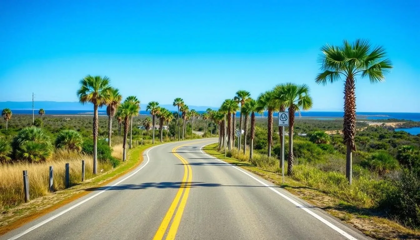 Road-leading-to-T.H.-Stone-Memorial-St.-Joseph-Peninsula-State-Park-Florida-entrance Road leading to T.H. Stone Memorial St. Joseph Peninsula State Park Florida entrance
