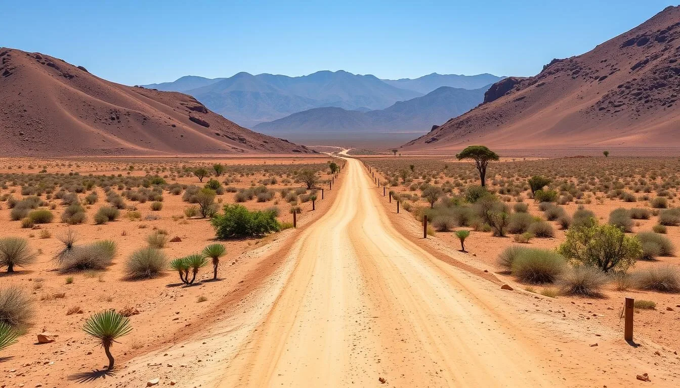 Road leading to Yangudi Rassa National Park Ethiopia with mountains in the background