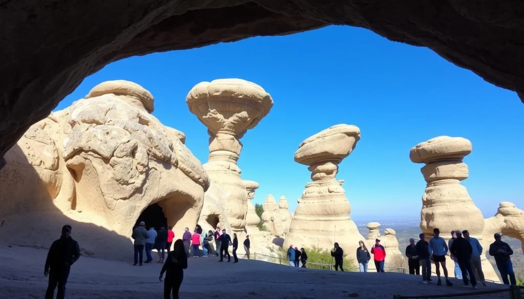 Rock City formations at Mount Diablo State Park with visitors exploring the wind caves Rock City formations at Mount Diablo State Park with visitors exploring the wind caves