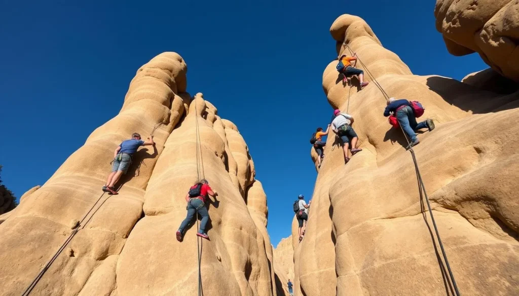 Rock climbers on sandstone formations in Castle Rock State Park California