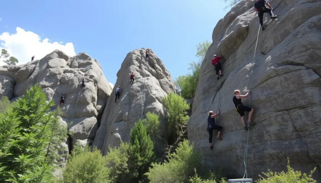 Rock climbers scaling the designated climbing walls at Ferne Clyffe State Park