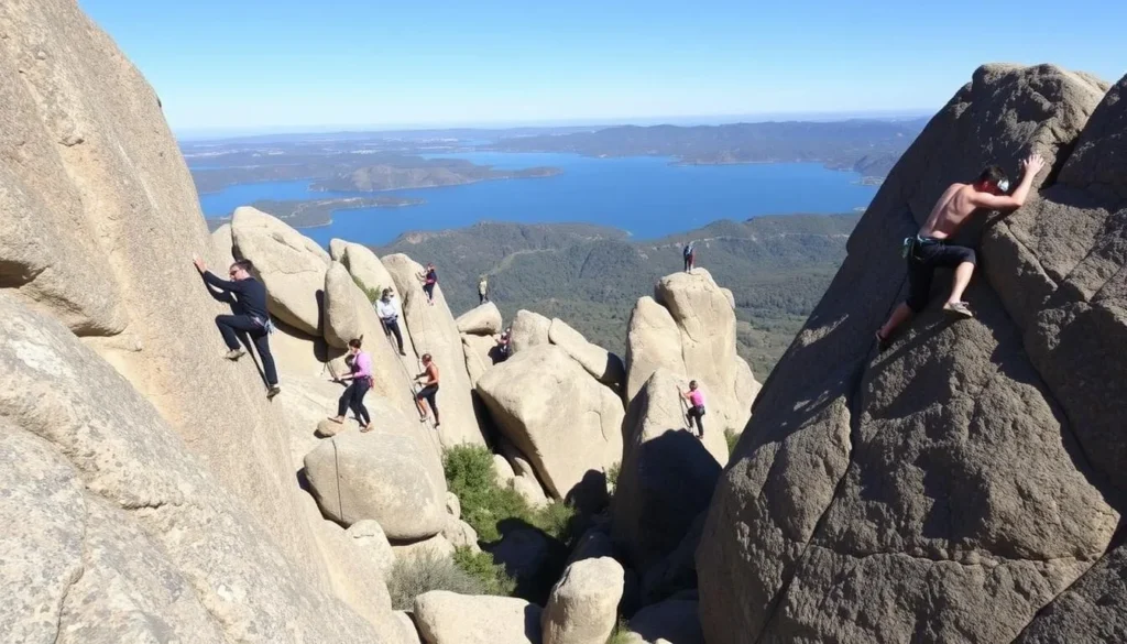 Rock climbing at Millerton Lake State Recreation Area California with lake views Rock climbing at Millerton Lake State Recreation Area California with lake views