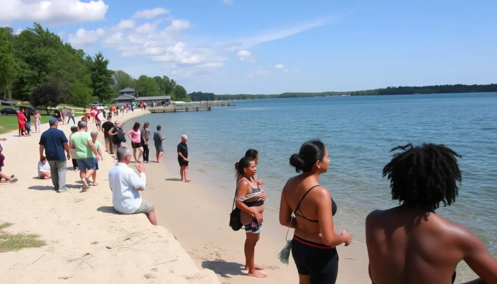 Rocky Bayou waterfront with people enjoying the view and sandy shoreline Rocky Bayou waterfront with people enjoying the view and sandy shoreline