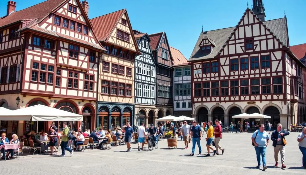 Römerberg square in Frankfurt with traditional German architecture and outdoor cafes Römerberg square in Frankfurt with traditional German architecture and outdoor cafes