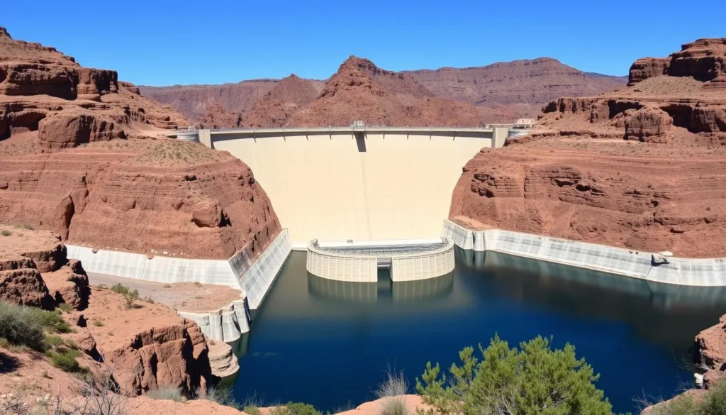Roosevelt Dam viewed from the Apache Trail with Roosevelt Lake in the foreground