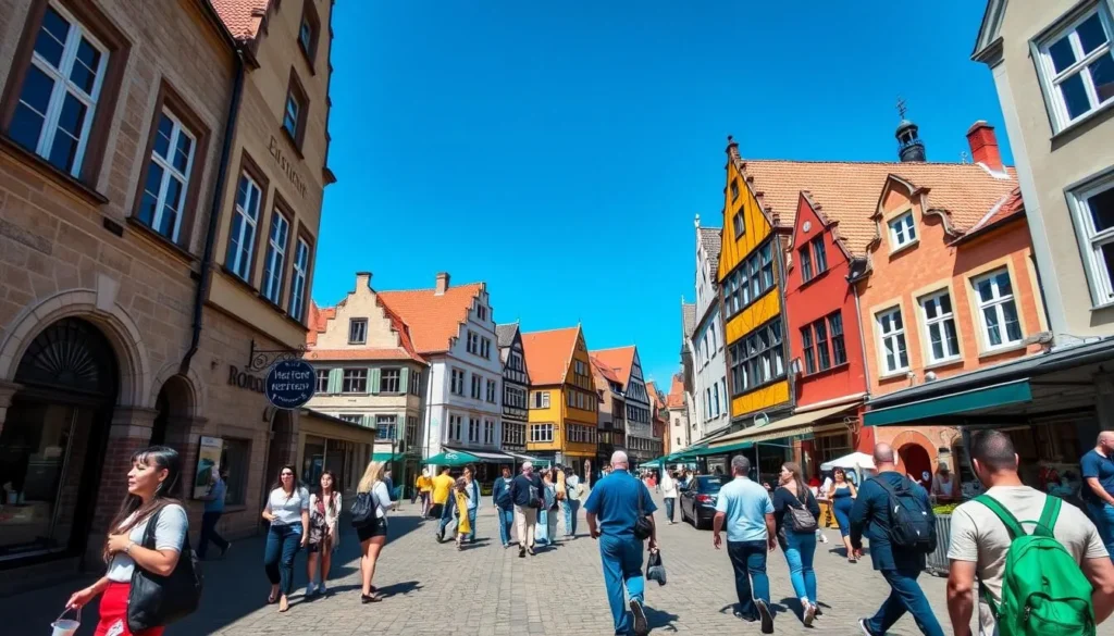 Rostock's historic city center with medieval architecture and charming streets on a sunny day