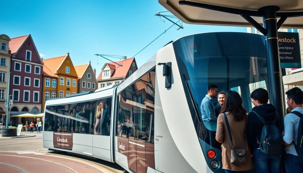 Rostock's modern tram system passing through the historic city center with passengers boarding