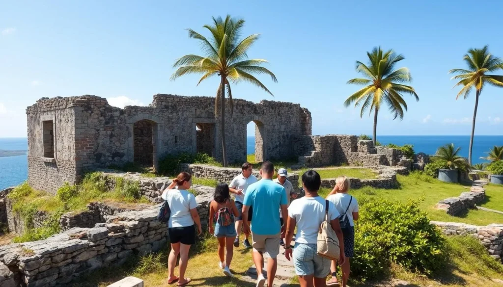 Ruins of an old mansion near Kokoye Beach Haiti with visitors exploring
