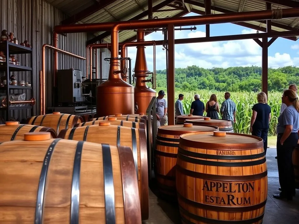Rum barrels and distillery equipment at Appleton Estate Rum Tour