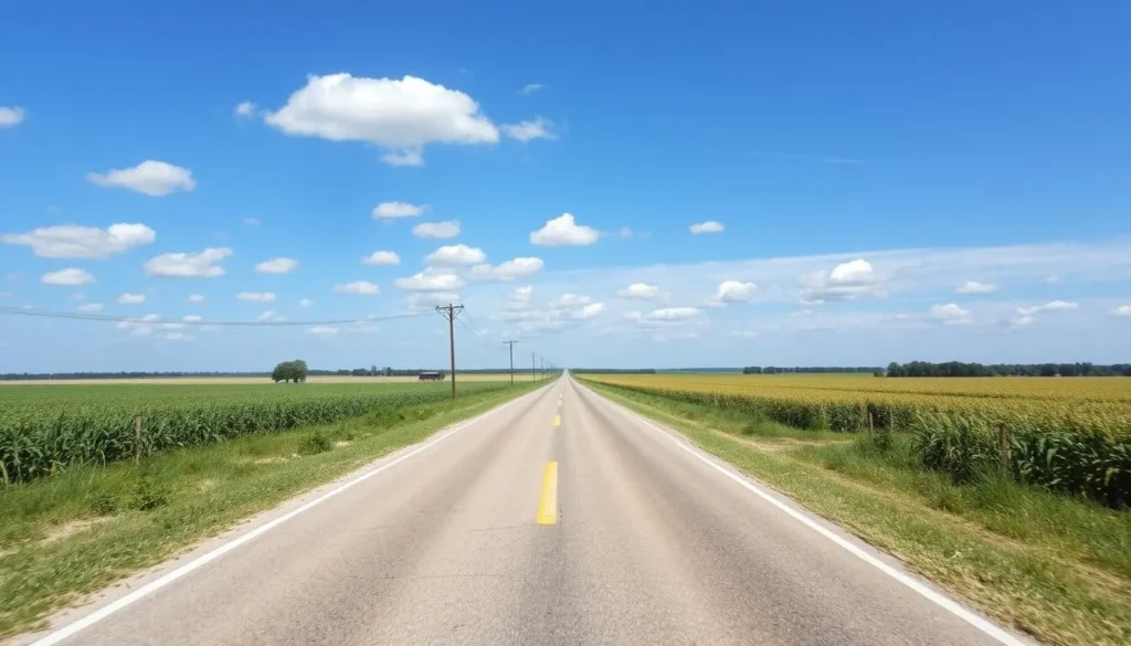 Rural road on Kaskaskia Island with farmland and Mississippi River view Rural road on Kaskaskia Island with farmland and Mississippi River view