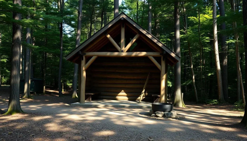 Rustic Adirondack-style backpacking shelter at Oil Creek State Park
