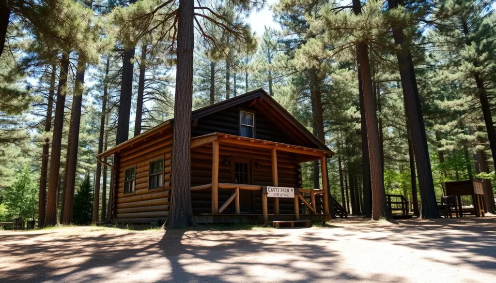 Rustic cabin accommodation at Parker Dam State Park surrounded by forest