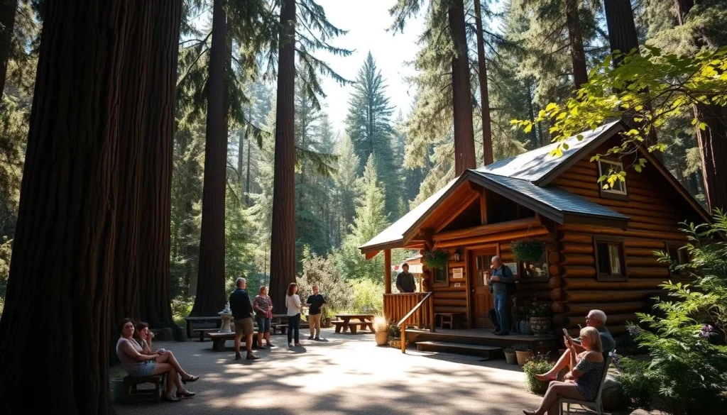 Rustic cabin accommodation near Butano State Park surrounded by redwood trees