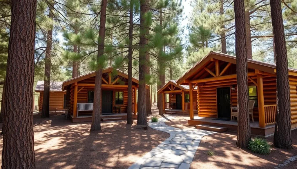 Rustic cabin accommodations at Hualapai Mountain Park surrounded by pine trees Rustic cabin accommodations at Hualapai Mountain Park surrounded by pine trees