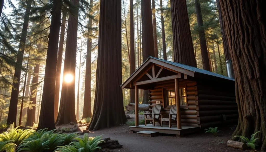 Rustic cabin accommodations at Mendocino Woodlands State Park surrounded by redwood trees Rustic cabin accommodations at Mendocino Woodlands State Park surrounded by redwood trees