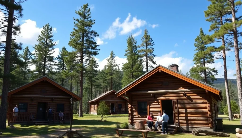 Rustic cabins at Bear Wallow Colony with pine trees and Lower Lake in the background Rustic cabins at Bear Wallow Colony with pine trees and Lower Lake in the background