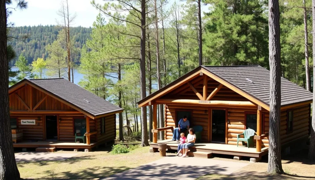 Rustic cabins at Lake Nockamixon State Park surrounded by trees with the lake visible in the background Rustic cabins at Lake Nockamixon State Park surrounded by trees with the lake visible in the background