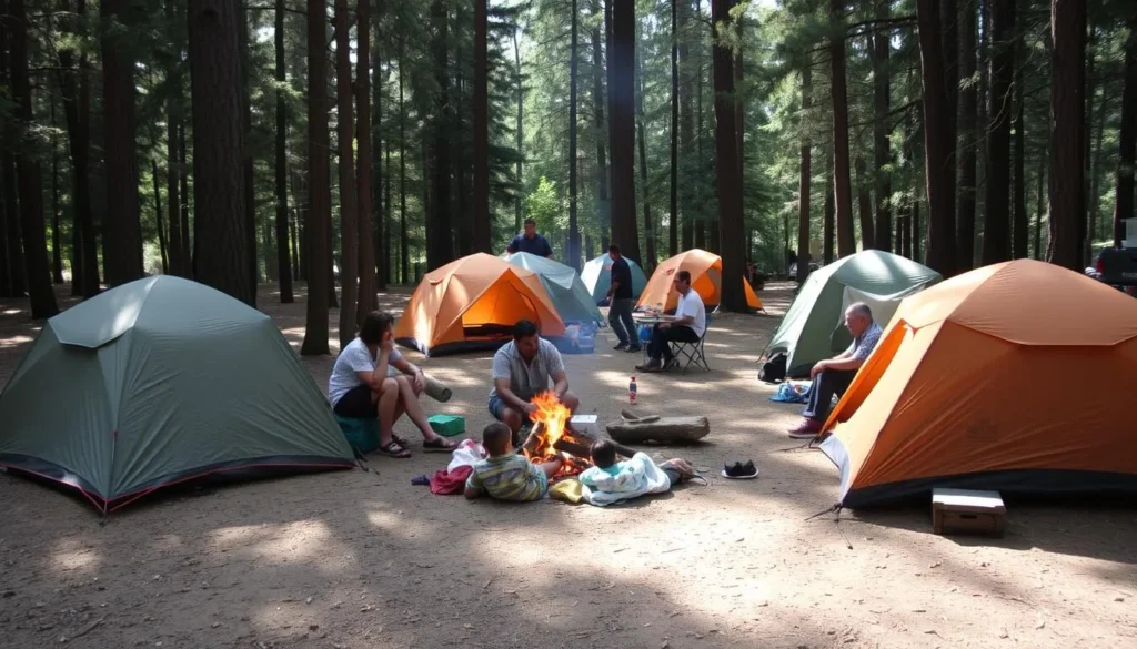 Rustic campsite at Leonard Harrison State Park Pennsylvania with tents set up among trees Rustic campsite at Leonard Harrison State Park Pennsylvania with tents set up among trees