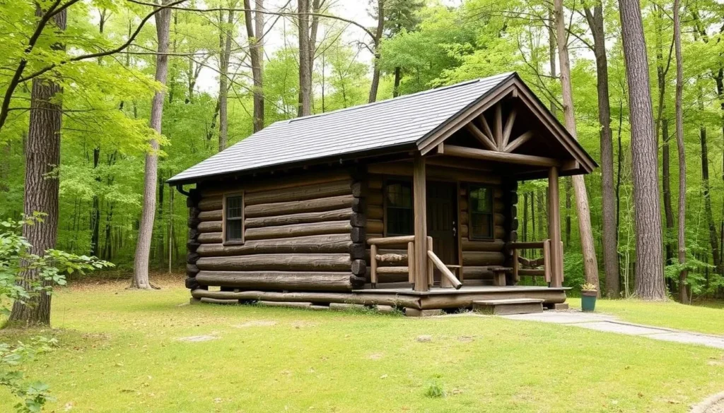Rustic wooden cabin at Linn Run State Park surrounded by forest Rustic wooden cabin at Linn Run State Park surrounded by forest