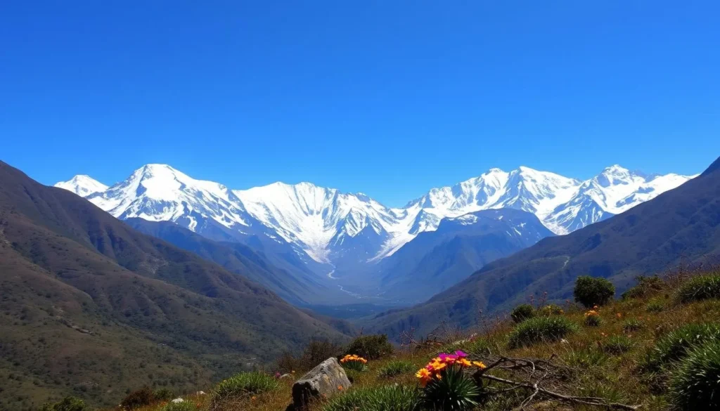 Rwenzori Mountains during dry season showing clear views of snow-capped peaks against blue sky