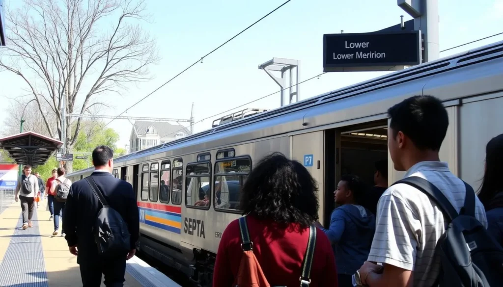 SEPTA train station in Lower Merion with passengers boarding SEPTA train station in Lower Merion with passengers boarding