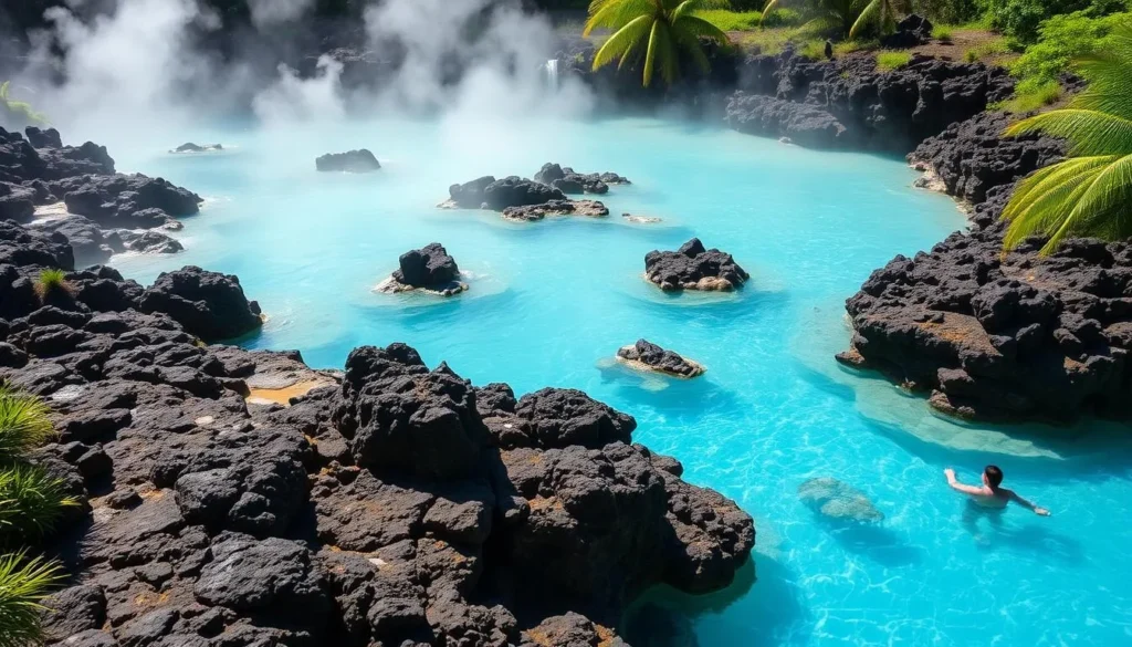 Sabang Hot Spring with its vibrant turquoise waters surrounded by natural rock formations