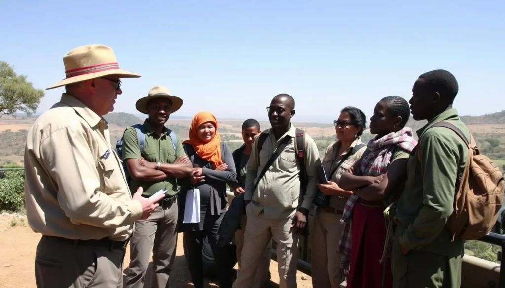 Safari guide explaining safety protocols to diverse tourists in Geraille National Park
