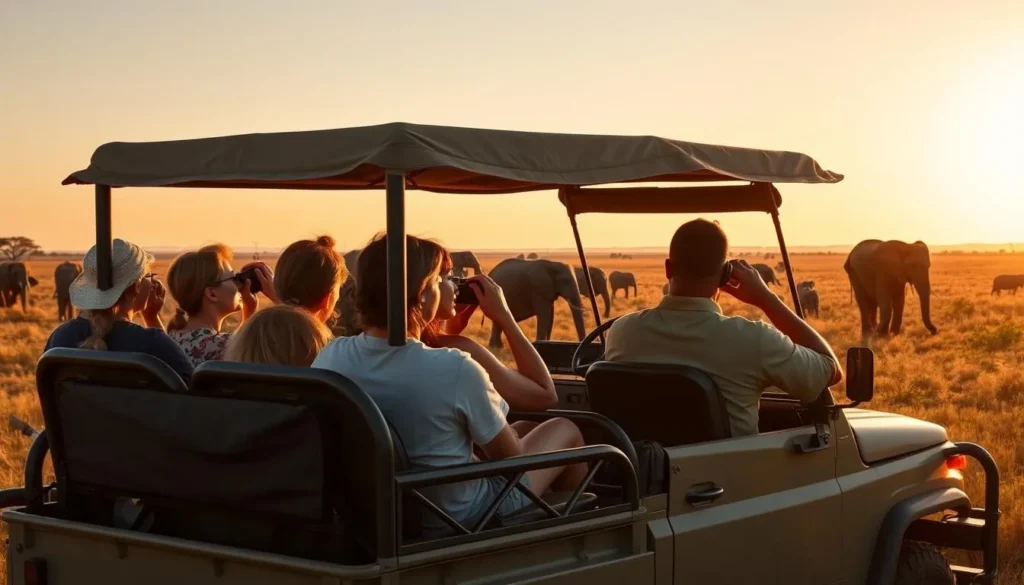 Safari vehicle in Queen Elizabeth National Park with tourists viewing wildlife, a popular day trip from Fort Portal, Uganda Safari vehicle in Queen Elizabeth National Park with tourists viewing wildlife, a popular day trip from Fort Portal, Uganda