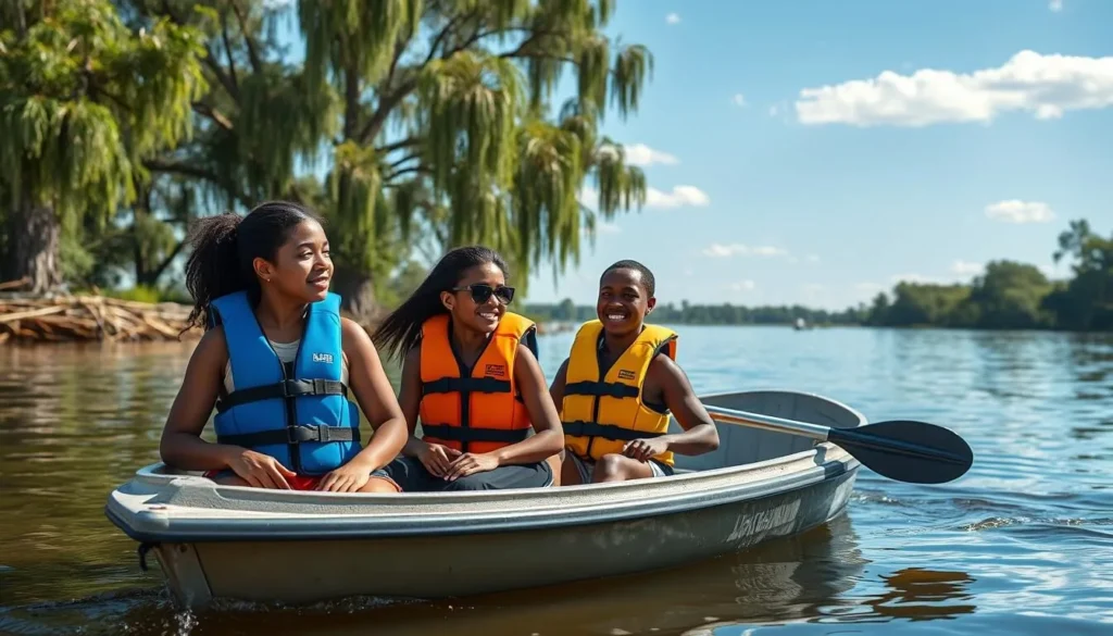 Safe boating practices on Bayou Bartholomew Louisiana with people wearing life jackets Safe boating practices on Bayou Bartholomew Louisiana with people wearing life jackets