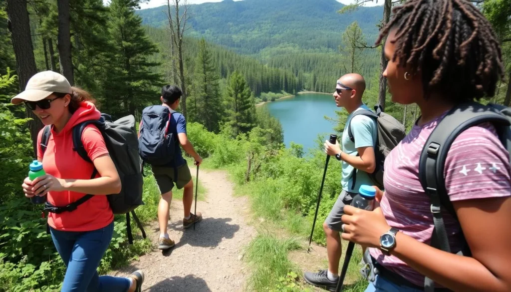 Safe hiking practices at Laurel Lake, Pennsylvania with proper equipment Safe hiking practices at Laurel Lake, Pennsylvania with proper equipment