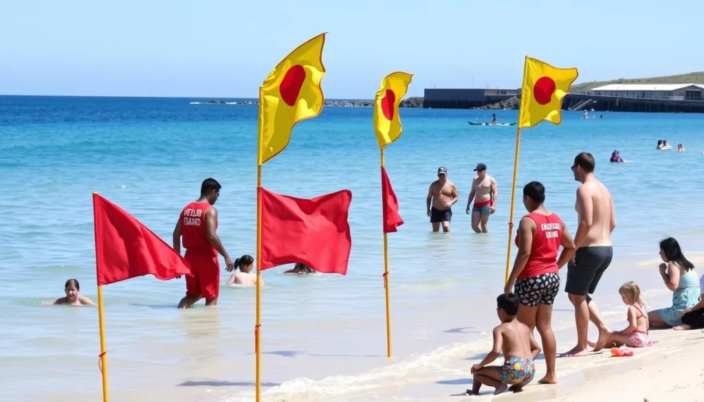 Safe swimming area at Lady Bay Beach in Warrnambool with lifeguards and flags