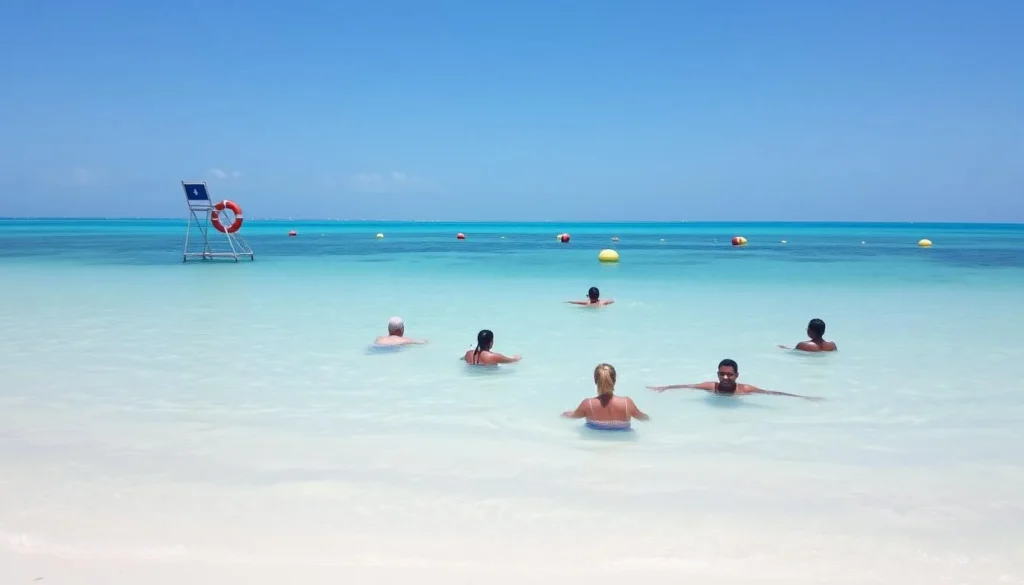 Safe swimming area marked at Playa Paraiso Cayo Largo del Sur Cuba with lifeguard presence Safe swimming area marked at Playa Paraiso Cayo Largo del Sur Cuba with lifeguard presence