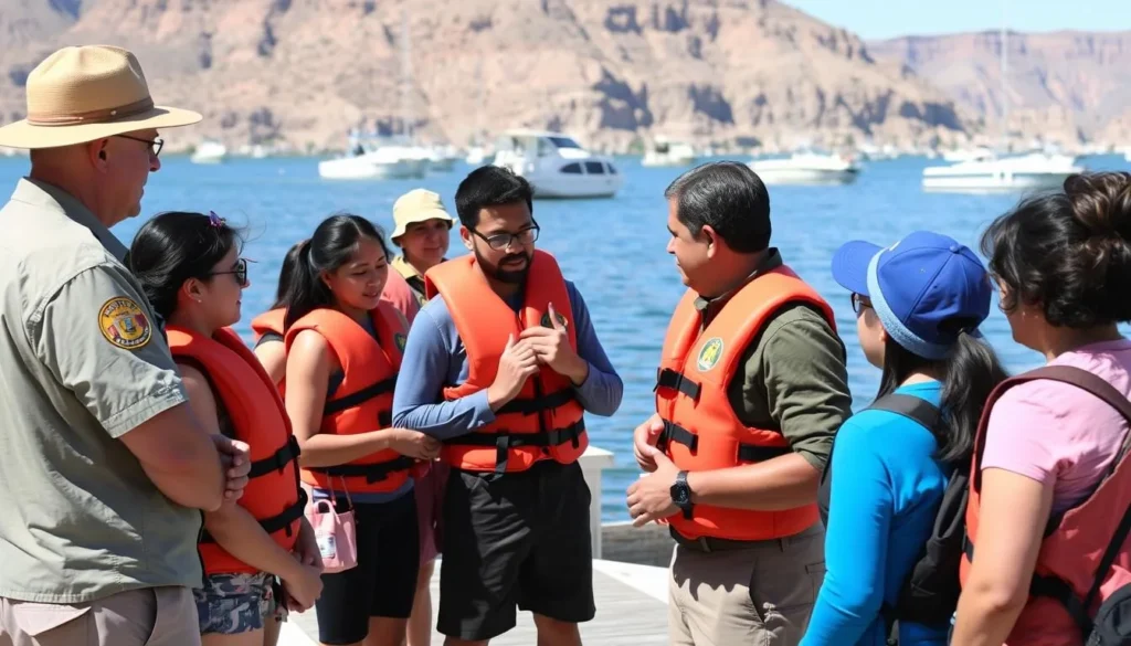 Safety demonstration with life jackets at Elephant Butte Lake marina Safety demonstration with life jackets at Elephant Butte Lake marina