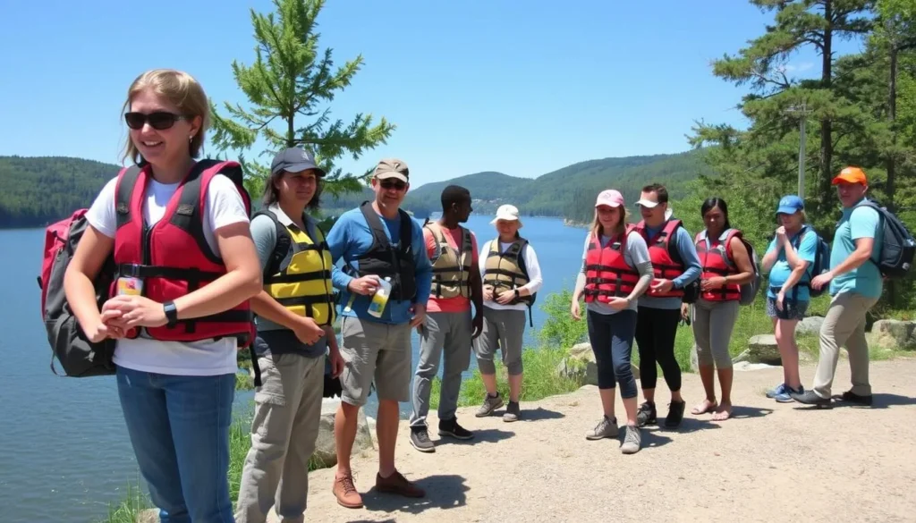 Safety information board at Bald Eagle State Park Pennsylvania with visitors reading