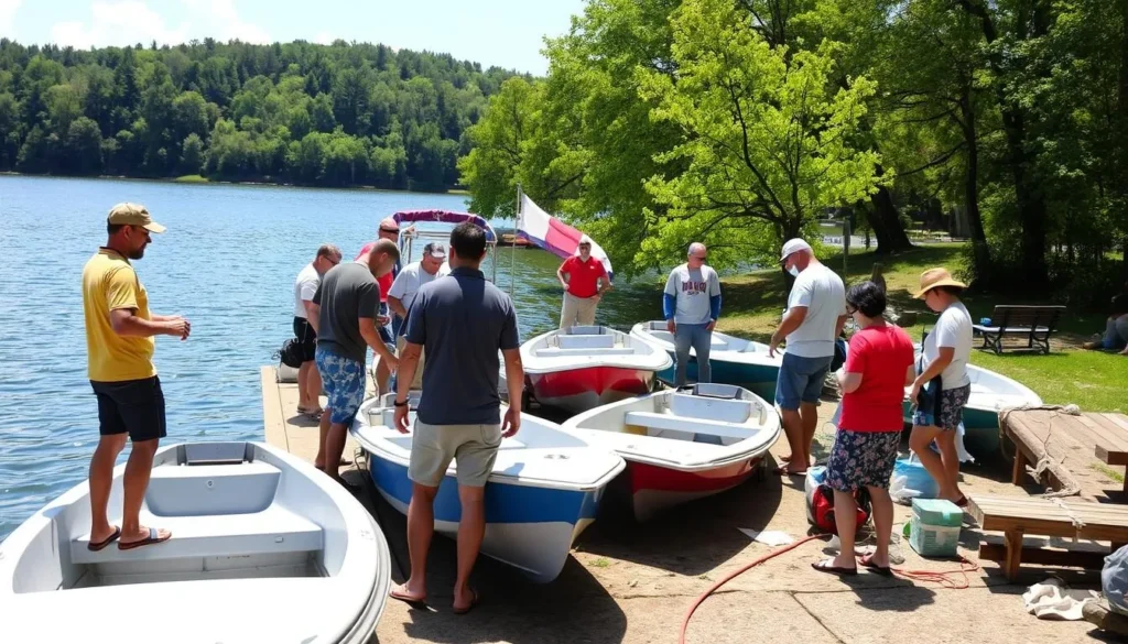 Safety information board at Lake LeBoeuf boat launch area with people preparing boats Safety information board at Lake LeBoeuf boat launch area with people preparing boats