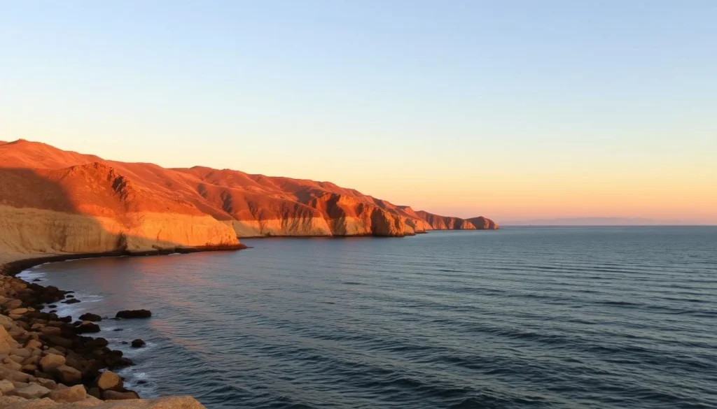 San Clemente Island's coastline during sunset with golden light illuminating the cliffs and calm waters