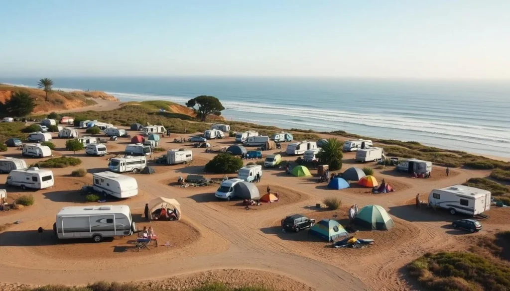 San Elijo State Beach California campground with RVs and tents overlooking the ocean San Elijo State Beach California campground with RVs and tents overlooking the ocean