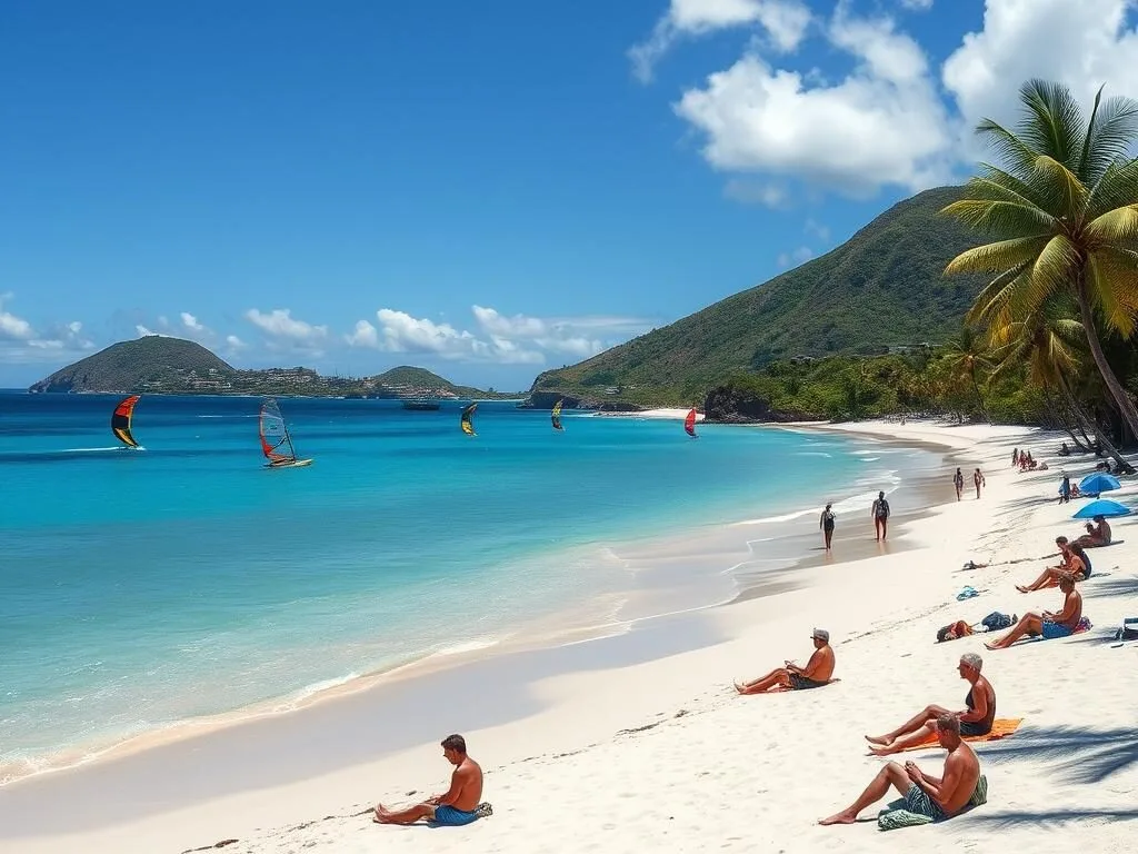 Sandy Beach in Vieux Fort with kitesurfers and windsurfers