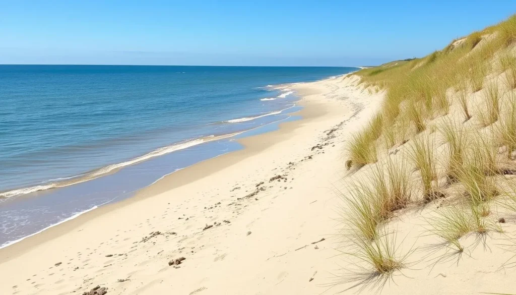 Sandy beach at Illinois Beach Nature Preserve with dunes and Lake Michigan waves Sandy beach at Illinois Beach Nature Preserve with dunes and Lake Michigan waves
