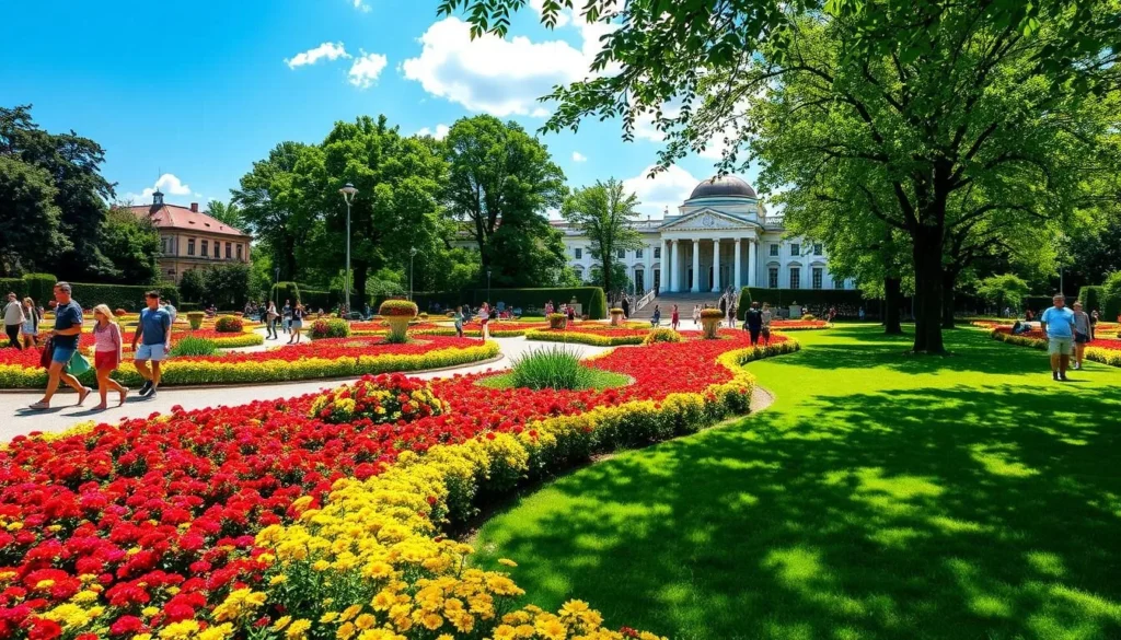 Sanssouci Park in summer with colorful flower arrangements and visitors enjoying the gardens
