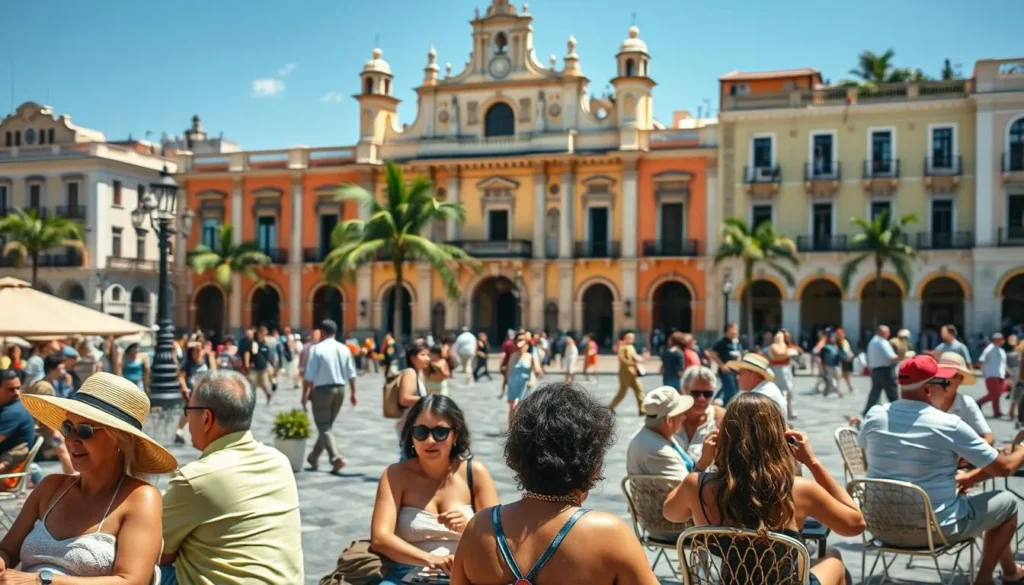 Santo Domingo Cuba plaza during dry season with tourists enjoying sunny weather