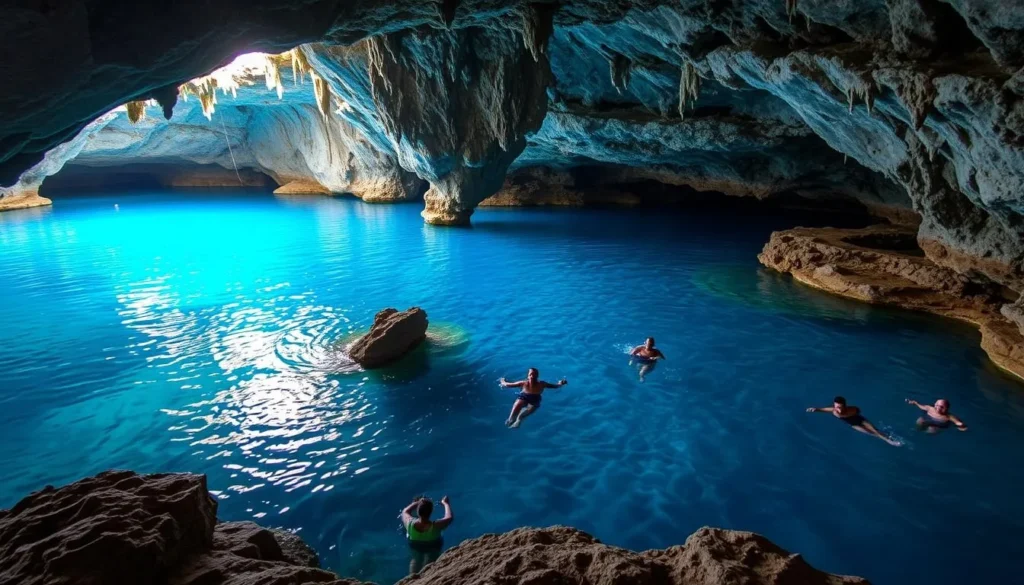 Saturno Cave with crystal clear blue waters and impressive rock formations